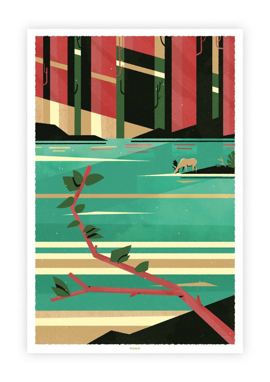 Affiche poster élan graphique forêt et rivière