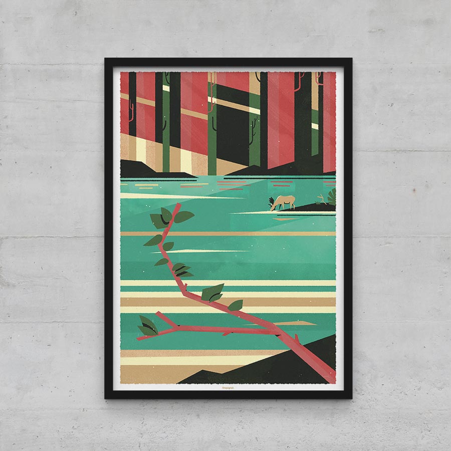 Affiche poster élan graphique forêt et rivière